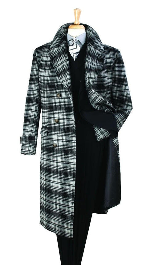 Men's Black and White Windowpane Plaid Overcoat - Classic Full Length Wool Blend Dress Coat by USA Men's Outlet