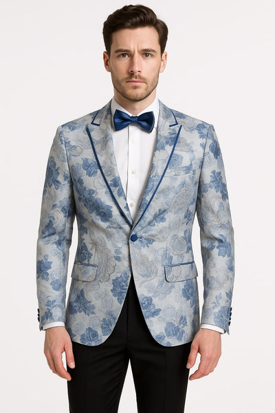 Men's Blue and Gray Tuxedo - Sky Blue Paisley Embroidered Dinner Jacket Jacket with Satin Trim and Matching Bow Tie