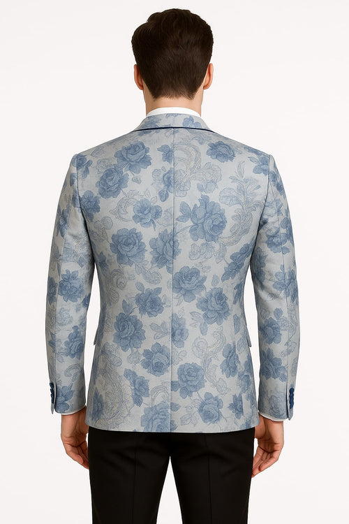 Men's Blue and Gray Tuxedo - Sky Blue Paisley Embroidered Dinner Jacket Jacket with Satin Trim and Matching Bow Tie