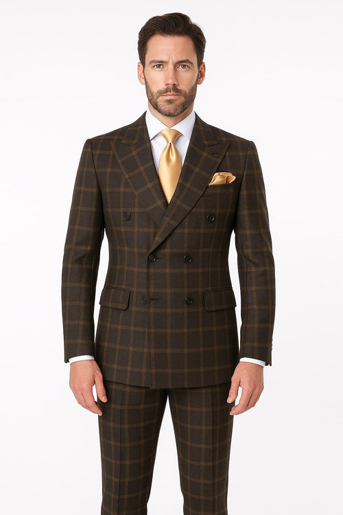 Men's Brown Plaid Double-Breasted Wool Suit – Classic Windowpane Two-Piece Formal Suit By Rossiman