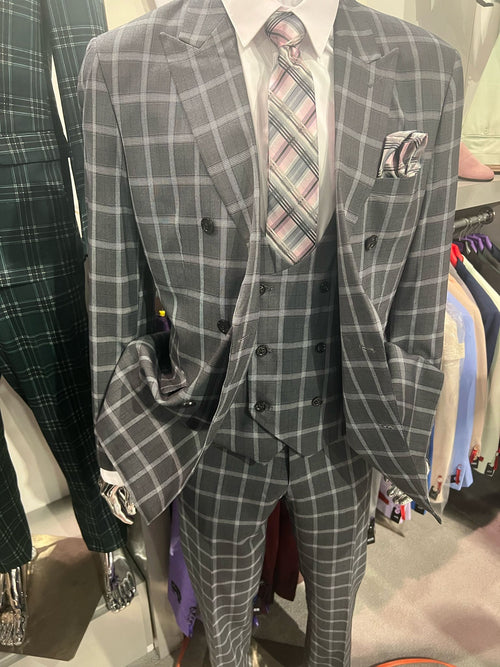 Men’s Gray Checkered 3 Piece Double-Breasted Suit - Slim Fit Formal Outfit - Vested Glend Plaid Pattern Checkered USA Men's Outlet