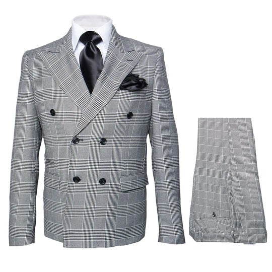 Men's Grey Glen Plaid Double-Breasted Suit – Classic Prince of Wales Check Two-Piece Set By Rossiman