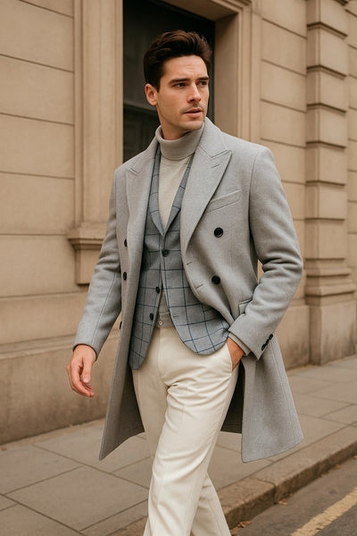 Men's Light Gray Double-Breasted Overcoat with Windowpane Vest – 3-Piece Wool Fabric By Alberto Nardoni
