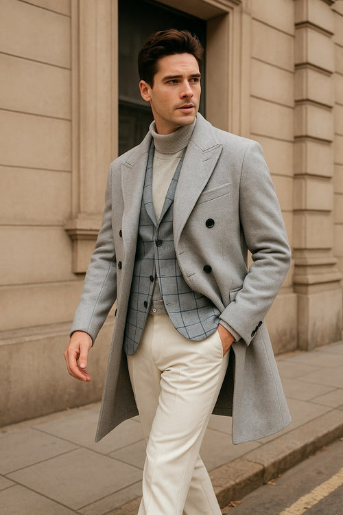 Men's Light Gray Double-Breasted Overcoat with Windowpane Vest - 3-Piece Wool Fabric By Alberto Nardoni USA Men's Outlet