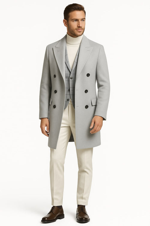 Men's Light Gray Double-Breasted Overcoat with Windowpane Vest - 3-Piece Wool Fabric By Alberto Nardoni USA Men's Outlet