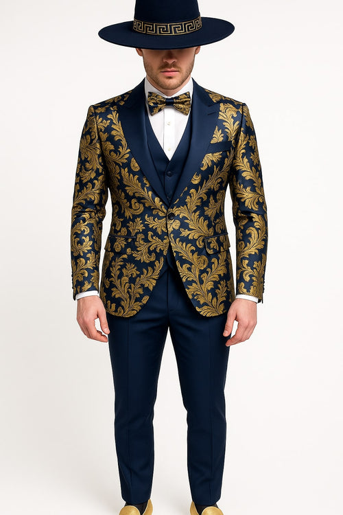 Men's Navy Blue and Gold Baroque Tuxedo Suit with Matching Vest and Bow Tie - Luxury Formalwear