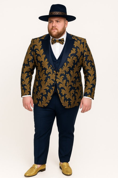 Men's Navy Blue and Gold Baroque Tuxedo Suit with Matching Vest and Bow Tie - Luxury Formalwear by USA Men's Outlet