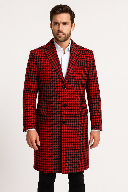 Men’s Red and Black Houndstooth Overcoat - Classic Wool Long Coat - Christmas Tartan Coat by USA Men's Outlet