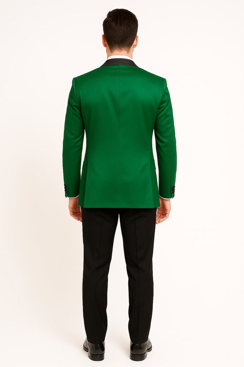 Men's Sateen Emerlad Green Tuxedo Jacket with Black Satin Lapel and Bow Tie - Slim Fit Prom and Party Blazer by USA Men's Outlet