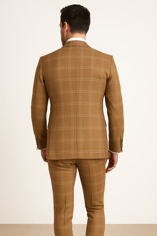 Men's Tan Plaid Double-Breasted Suit - Classic Windowpane Two-Piece Formal Suit - Camel Color Suit By Rossiman USA Men's Outlet