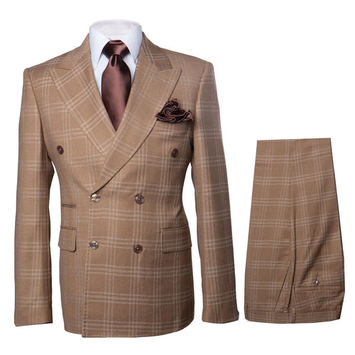 Rossiman Men’s Camel Tan Windowpane Plaid Double-Breasted Suit USA Men's Outlet