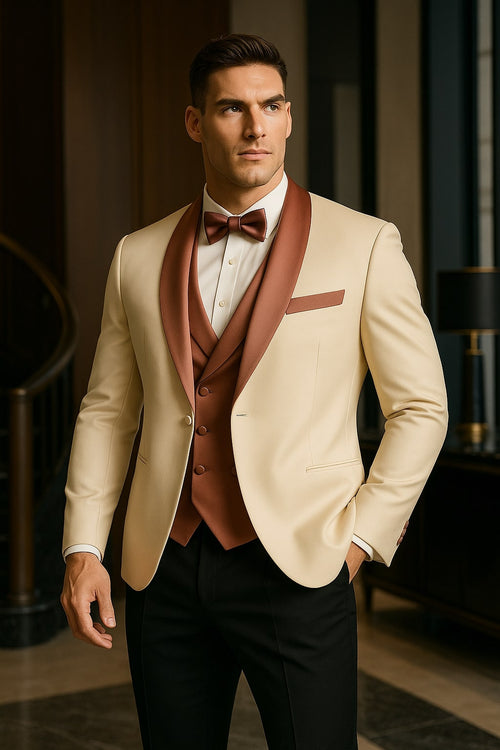 Men's White and Rose Gold Tuxedo with Mauve Satin Vest and Bow Tie – Elegant Formalwear for Weddings and Events