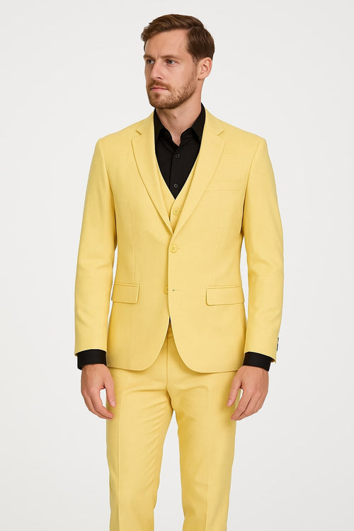 Men's Yellow 3-Piece Suit with Black Dress Shirt – Modern Slim Fit Formal Attire