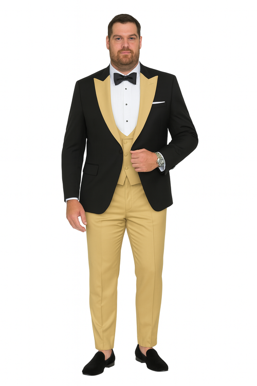 Men’s Black and Goldish Champaign Camel Bronze Tuxedo with Satin Shawl Lapel and Matching Vest with Bowtie