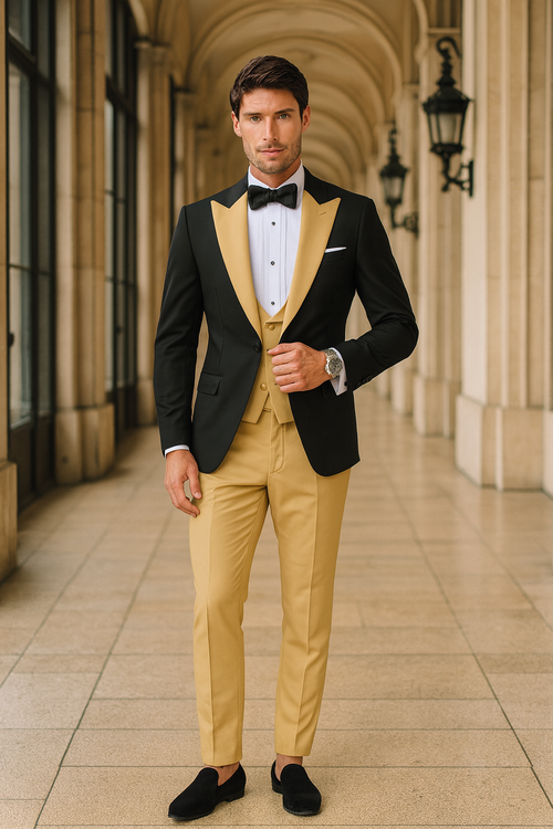Men’s Black and Goldish Champaign Camel Bronze Tuxedo with Satin Shawl Lapel and Matching Vest with Bowtie