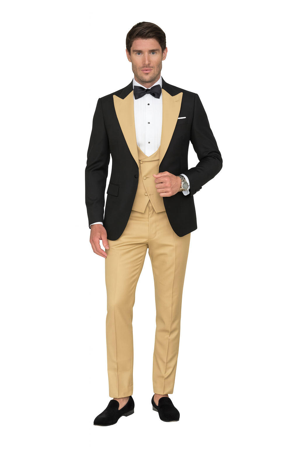 Men’s Black and Goldish Champaign Camel Bronze Tuxedo with Satin Shawl Lapel and Matching Vest with Bowtie – SuitUSA