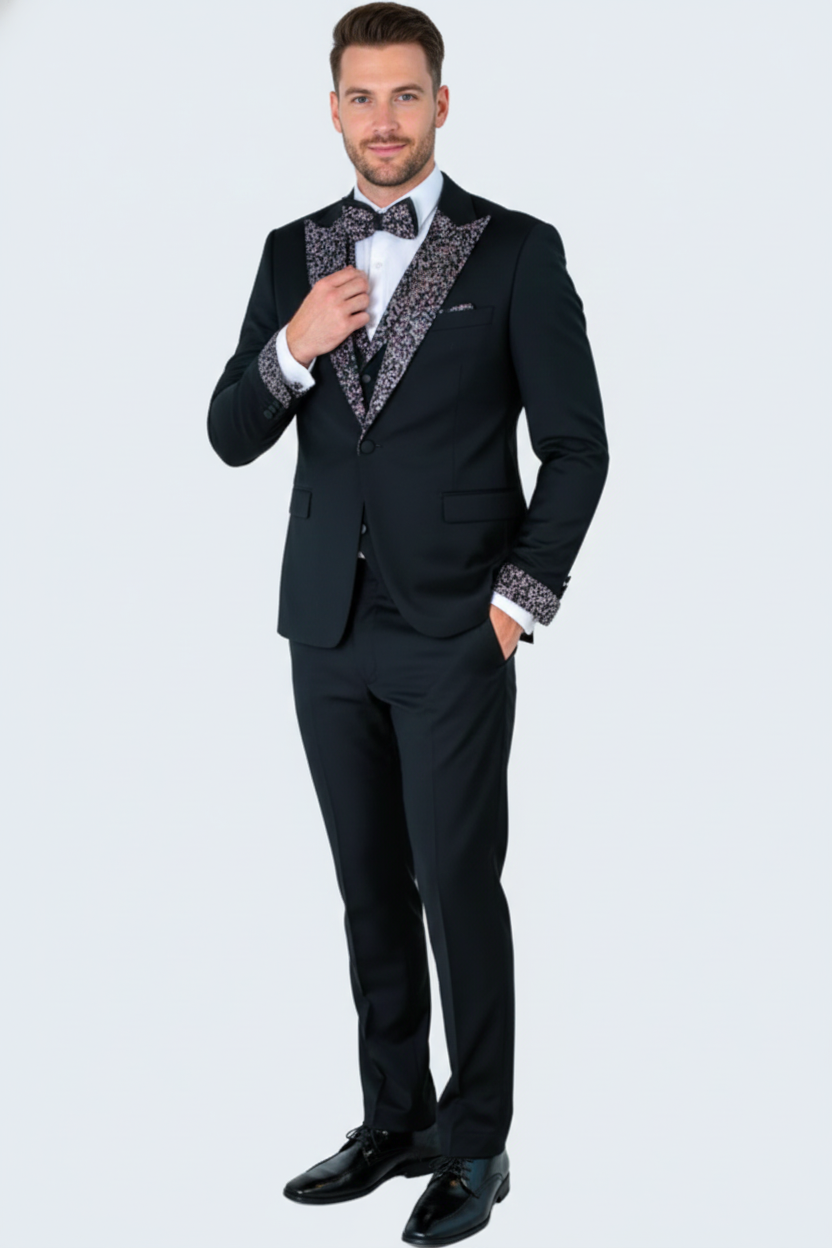 Men's Black and White Silver Embellished Tuxedo Suit + Bowtie 3-Piece Formal Wedding, Prom, and Gala Outfit – SuitUSA