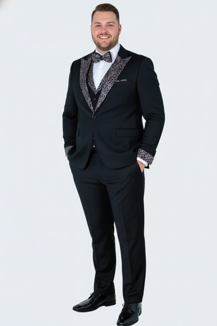 Men's Black and White Silver Embellished Tuxedo Suit + Bowtie 3-Piece Formal Wedding, Prom, and Gala Outfit
