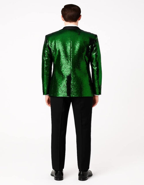 Men's Green Sequin Tuxedo Jacket with Black Satin Lapel and Bow Tie – Sparkling Party and Stage Blazer By Alberto Nardoni