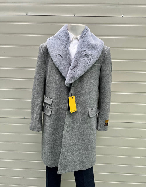 Men’s Grey Wool Overcoat with Plush Faux Fur Shawl Collar - Winter Luxury Coat by USA Men's Outlet