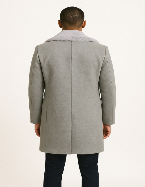 Men’s Grey Wool Overcoat with Plush Faux Fur Shawl Collar - Winter Luxury Coat by USA Men's Outlet