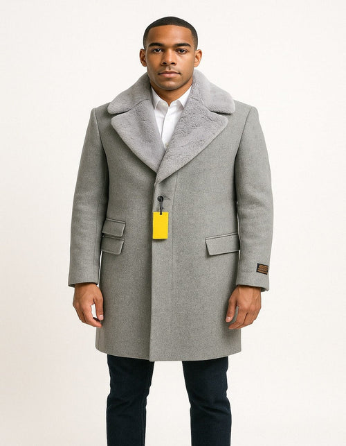 Men’s Grey Wool Overcoat with Plush Faux Fur Shawl Collar - Winter Luxury Coat by USA Men's Outlet