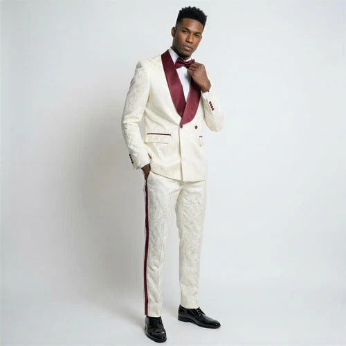 Men's Ivory and Burgundy Paisley Tuxedo with Shawl Lapel β 3 Piece Wedding Suit
