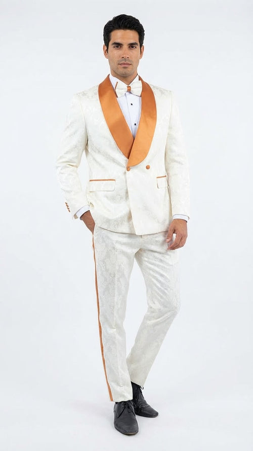Men's Ivory and Gold Jacquard Tuxedo Suit + Bowtie – Formal Wedding, Prom, and Gala Outfit in Cream Off White color