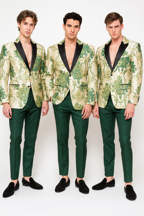 Men’s Ivory and Green Suit Floral Embroidered Tuxedo Jacket with Black Satin Lapel - Designer Blazer for Weddings With Hutner Green Pants by Men'sUSA