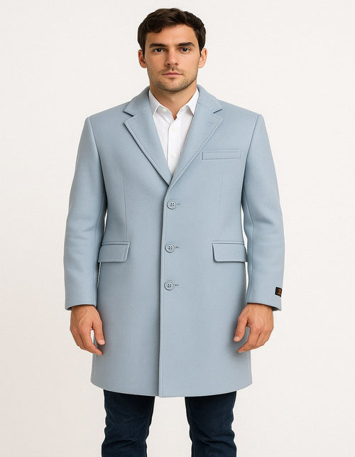 Men’s Light Blue Wool Overcoat - Classic Single-Breasted Long Coat - Sky Blue Carcoat Wool Fabric by USA Men's Outlet