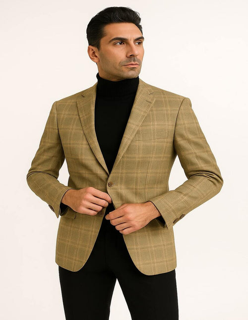 Men's Light Brown Plaid Sport Coat - Classic Check Blazer for Business and Casual Wear in Tan Windowpane Taupe Color by USA Men's Outlet