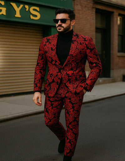 Men’s Red and Black Floral Tuxedo Suit – Slim Fit 2 Piece Embroidered Outfit for Weddings, Prom, and Formal Events
