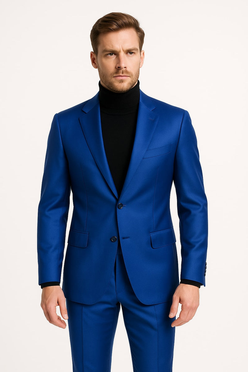 Men's Royal Blue Shiny Satin Suit – 2-Piece Slim Fit Tuxedo with Peak Lapel