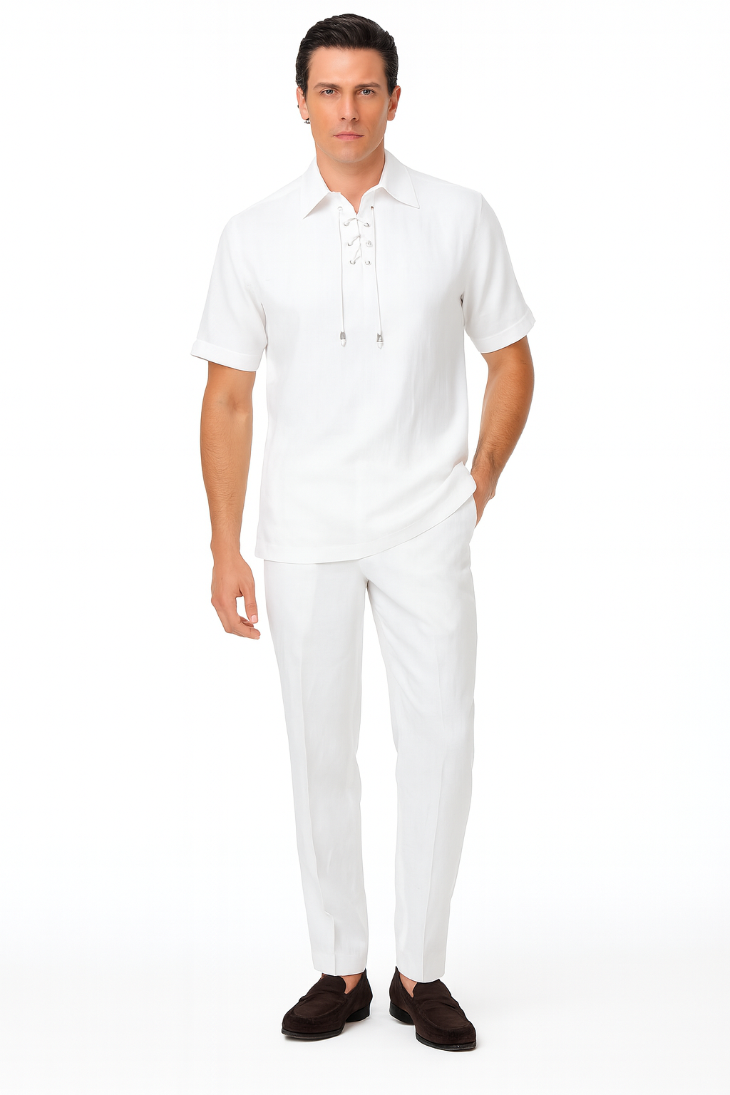 Men’s White Lace-Up Shirt and Pants Set – Casual Summer Two-Piece Outfit