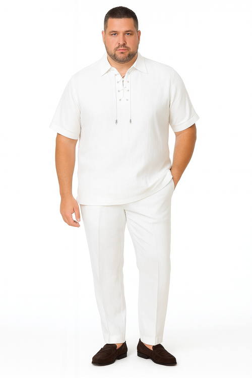 Men’s White Lace-Up Shirt and Pants Set - Casual Summer Two-Piece Outfit by Men'sUSA