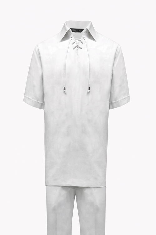 Men’s White Lace-Up Shirt and Pants Set - Casual Summer Two-Piece Outfit by Men'sUSA