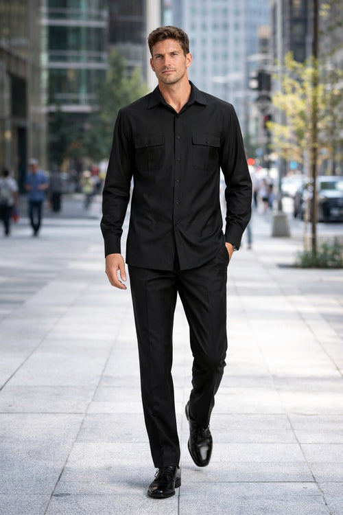 Men’s Luxury Black Wool Two-Piece Leisure Walking Suit
