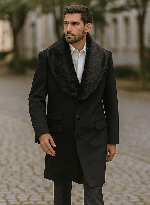 Men's Black Fur Collar Two Flap Front Pockets Full Length Men's Carcoat - Car Coat Mid Length Three Quarter Length Coat USA Men's Outlet