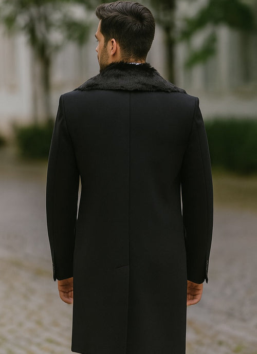 Men's Black Fur Collar Two Flap Front Pockets Full Length Men's Carcoat - Car Coat Mid Length Three Quarter Length Coat USA Men's Outlet