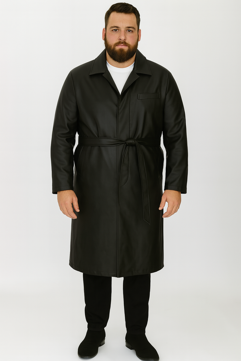 Men’s Black PU Belted Trench Coat