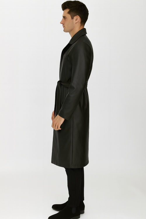 Men’s Black PU Belted Trench Coat