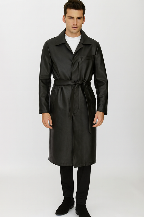 Men’s Black PU Belted Trench Coat