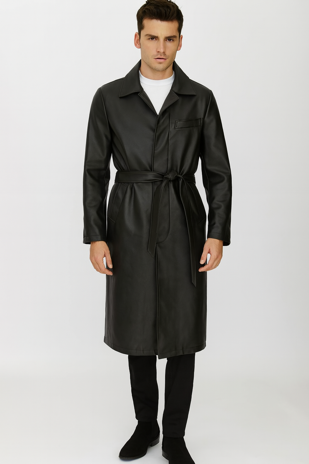 Men’s Black PU Belted Trench Coat