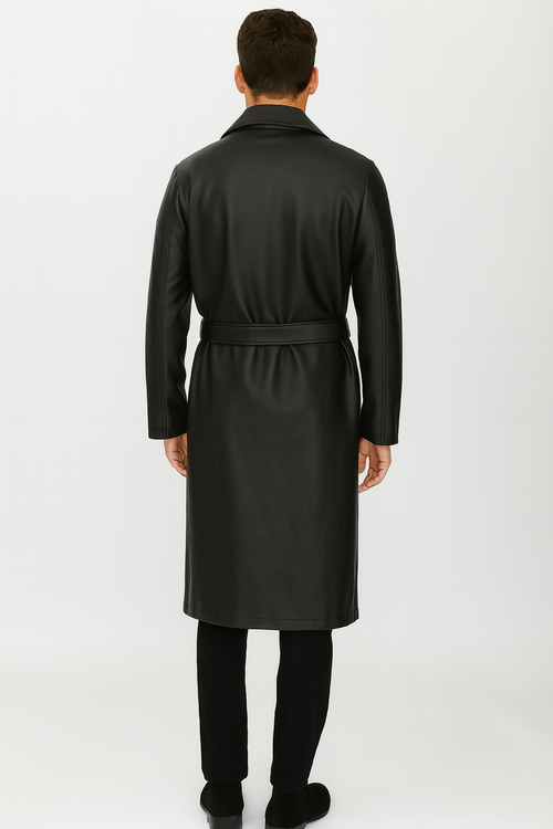 Men’s Black PU Belted Trench Coat