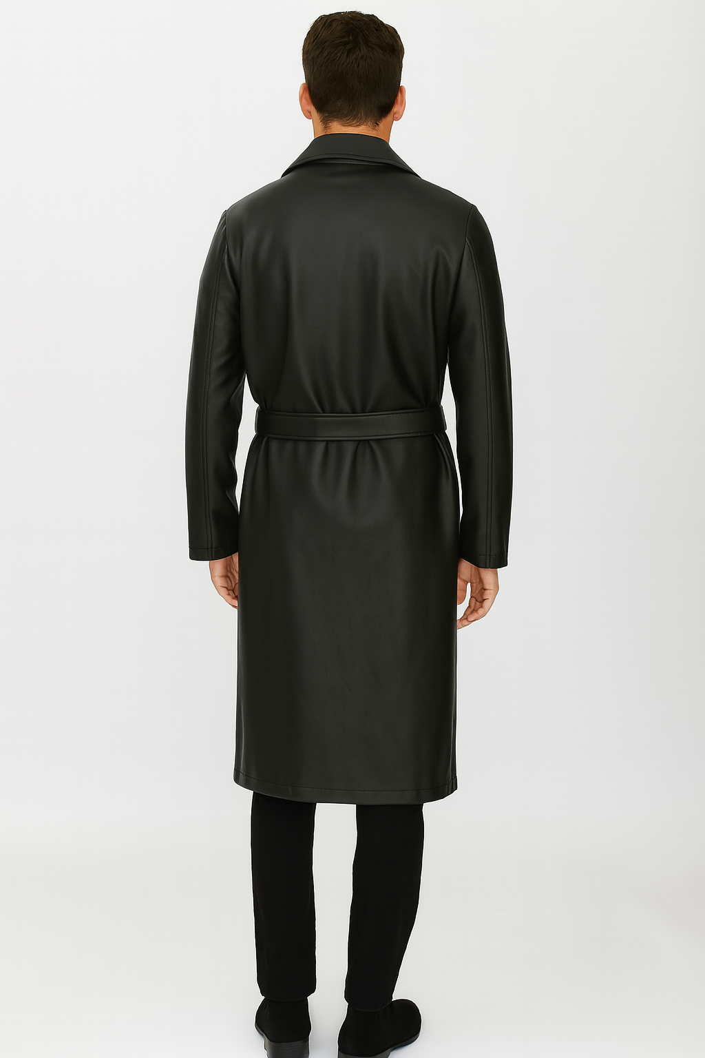 Men’s Black PU Belted Trench Coat