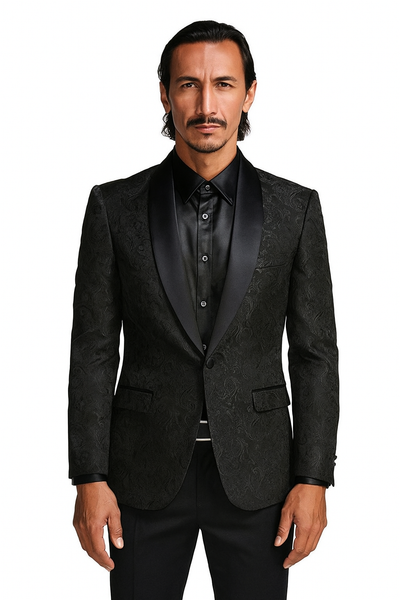 Black Prom Tuxedo Suit - Black Wedding Suit - Men's Slim Fit Wedding & Prom Tonal Paisley Tuxedo Jacket