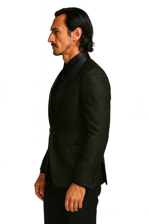Black Prom Tuxedo Suit - Black Wedding Suit - Men's Slim Fit Wedding & Prom Tonal Paisley Tuxedo Jacket