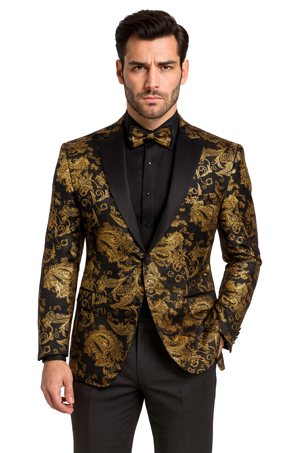 Black and Gold Prom Suit - Mens Paisley Velvet Foil Smoking Gold Jacket