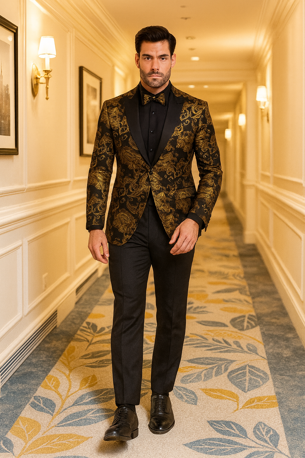 Black and Gold Prom Suit - Mens Paisley Velvet Foil Smoking Gold Jacket