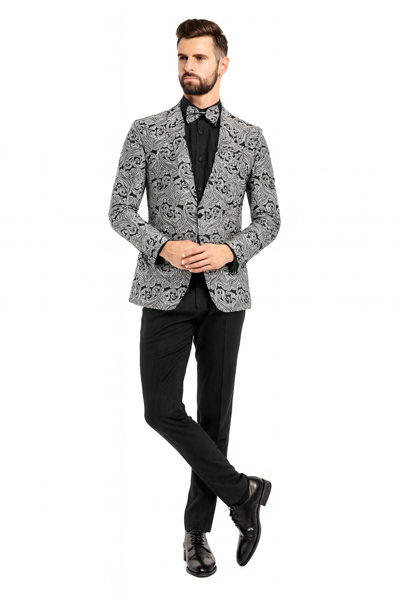 Men’s Black and Silver Paisley Tuxedo Jacket